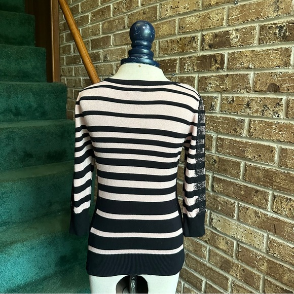 VTG Y2K 2000s Pink & Black Striped Lace Sleeves Fitted Sweater Top - Picture 2 of 8